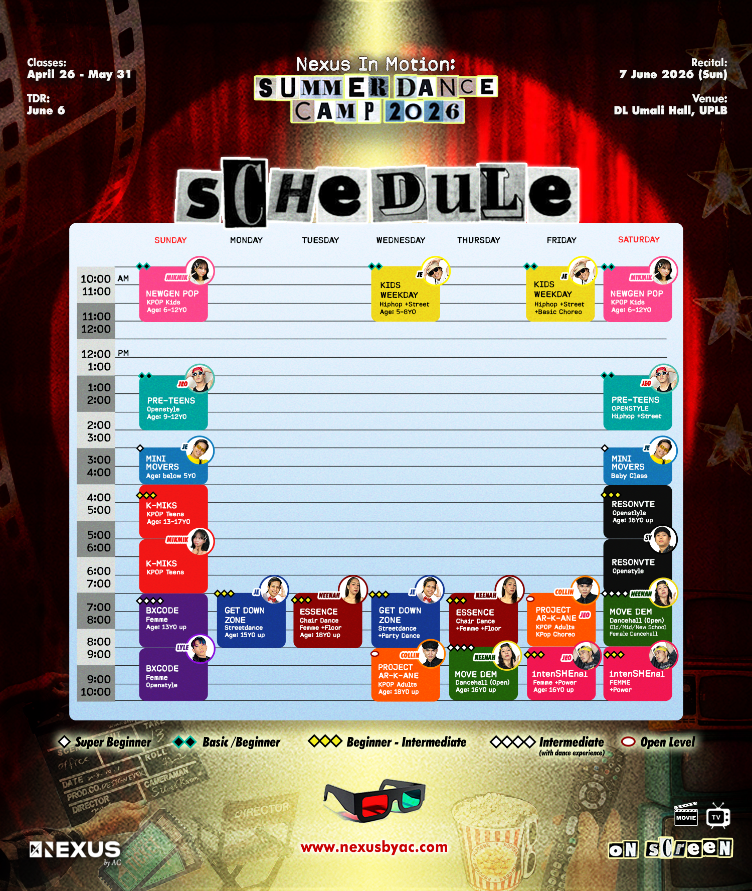 Summer Dance Camp 2026 weekly schedule — classes from Sunday to Saturday including NewGen Pop, Kids Weekday, Pre-Teens, Mini Movers, K-Miks, Resonvte, Get Down Zone, Essence, BXCode, Project AR-K-ANE, Move Dem, IntenSHEnal